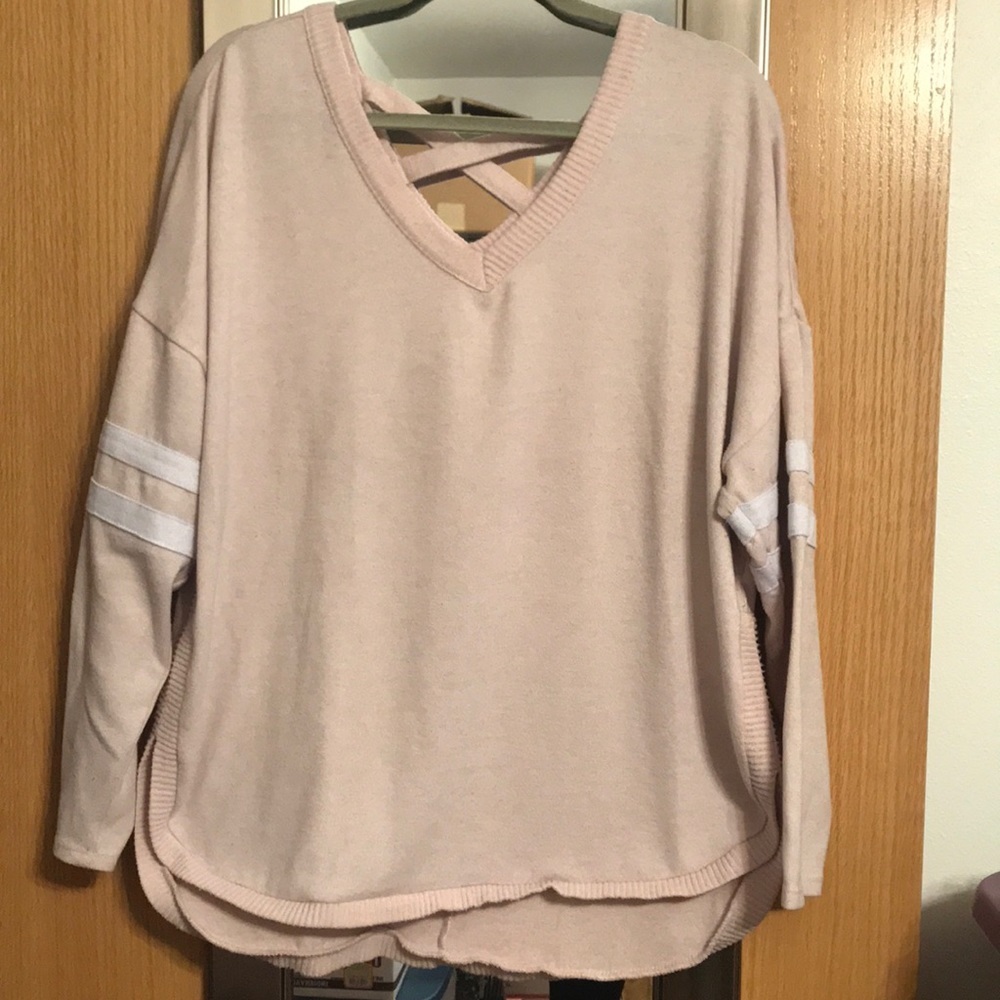 Light Pink No Boundaries XXL sweater with criss cross back.  Stripes on sleeves
